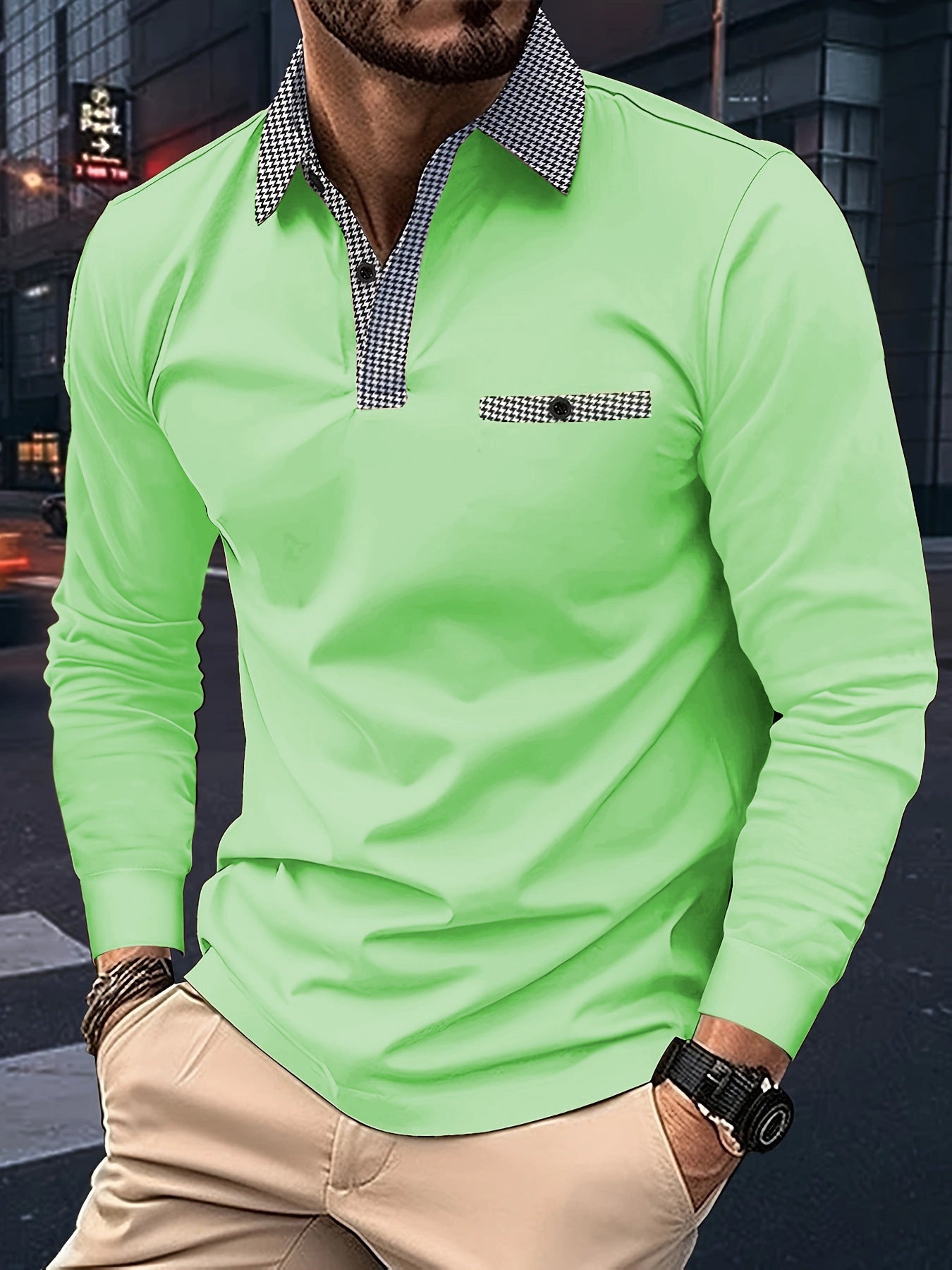 Plaid Lapel Polo Shirt Solid Color Long Sleeve