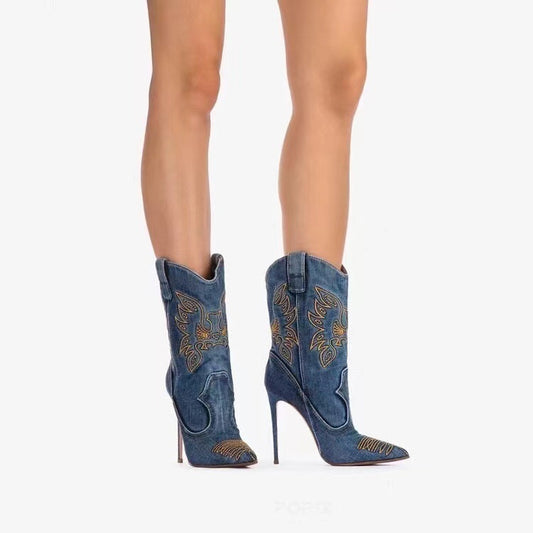 Chic Stiletto Denim & PU Western Women's Boots