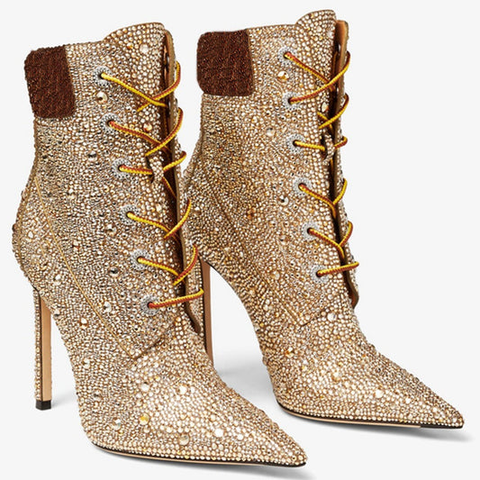 Champagne Pointed Stiletto Boots with Rhinestones