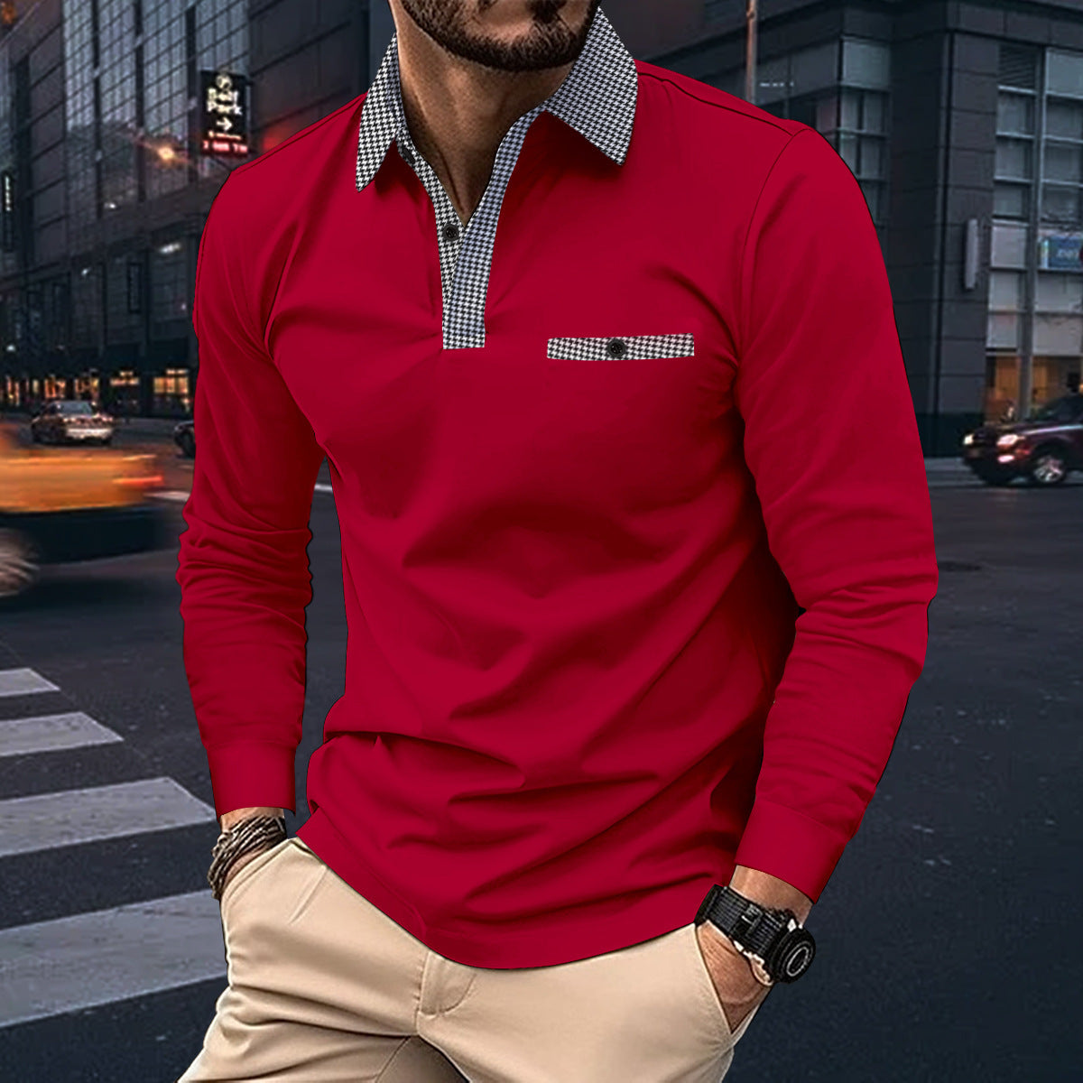 Plaid Lapel Polo Shirt Solid Color Long Sleeve