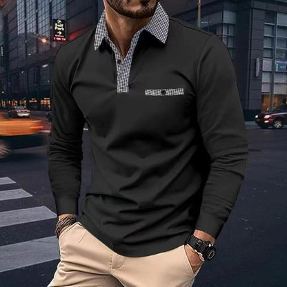 Plaid Lapel Polo Shirt Solid Color Long Sleeve