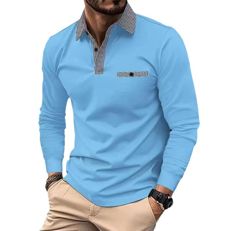 Plaid Lapel Polo Shirt Solid Color Long Sleeve